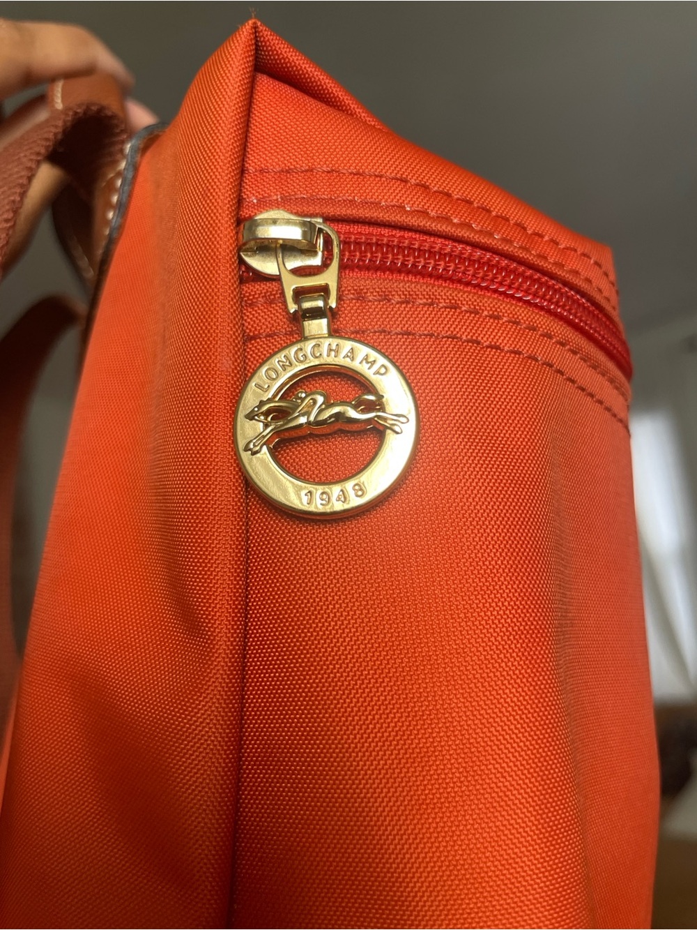 Longchamp Orange Canvas Backpack with Brown Flap - Picture 4 of 7